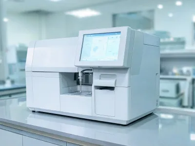 Automated hematology analyzer on laboratory bench